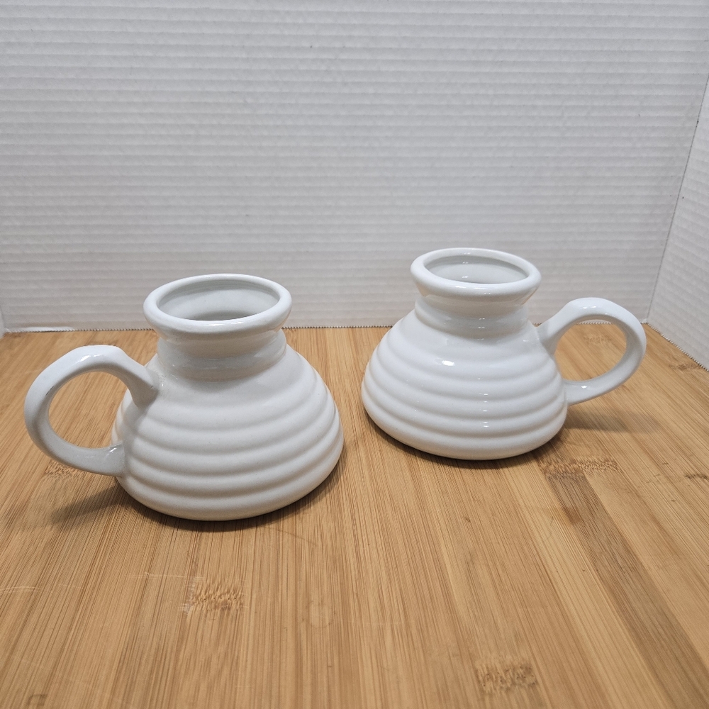 Set of 2 Off White Speckled Pottery Coffee Cup No Spill Travel Mug Beehive Shape